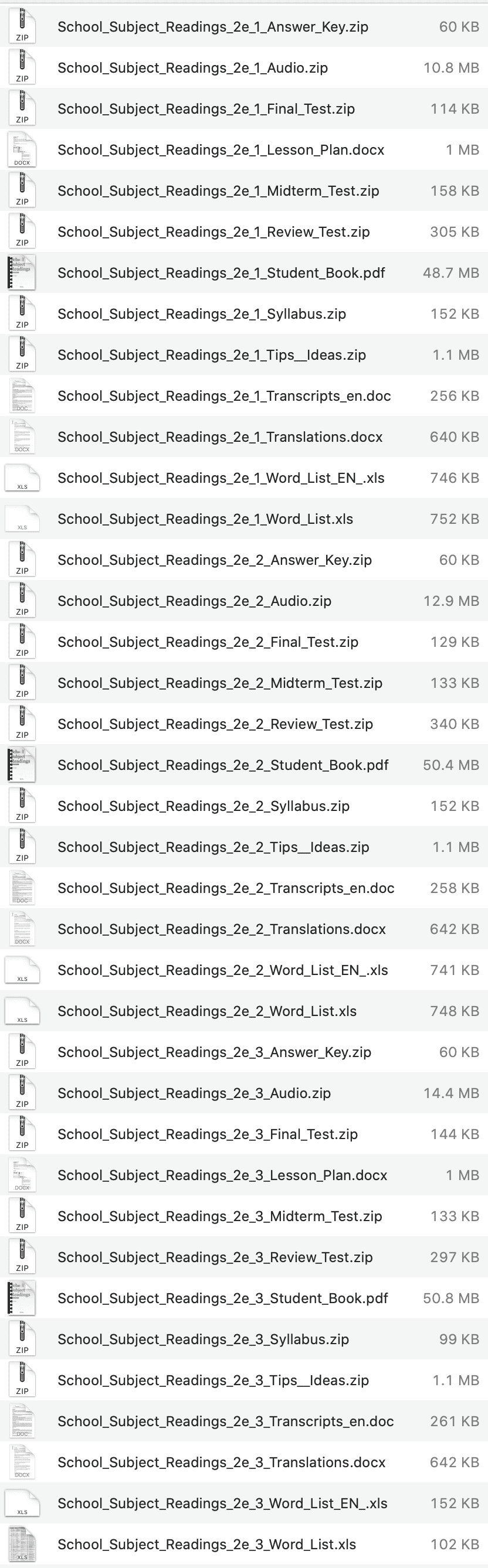 School Subject Readings 2e list